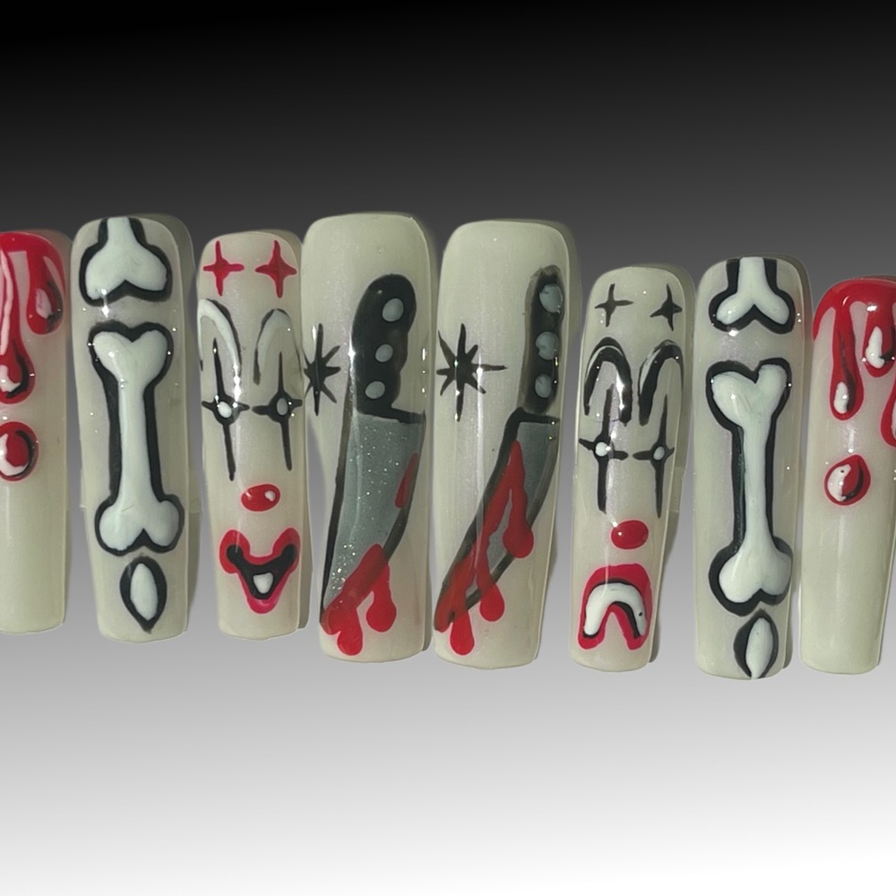 White Red Black Killer Clown Horror Press-on Nails Handmade Press-on Nails